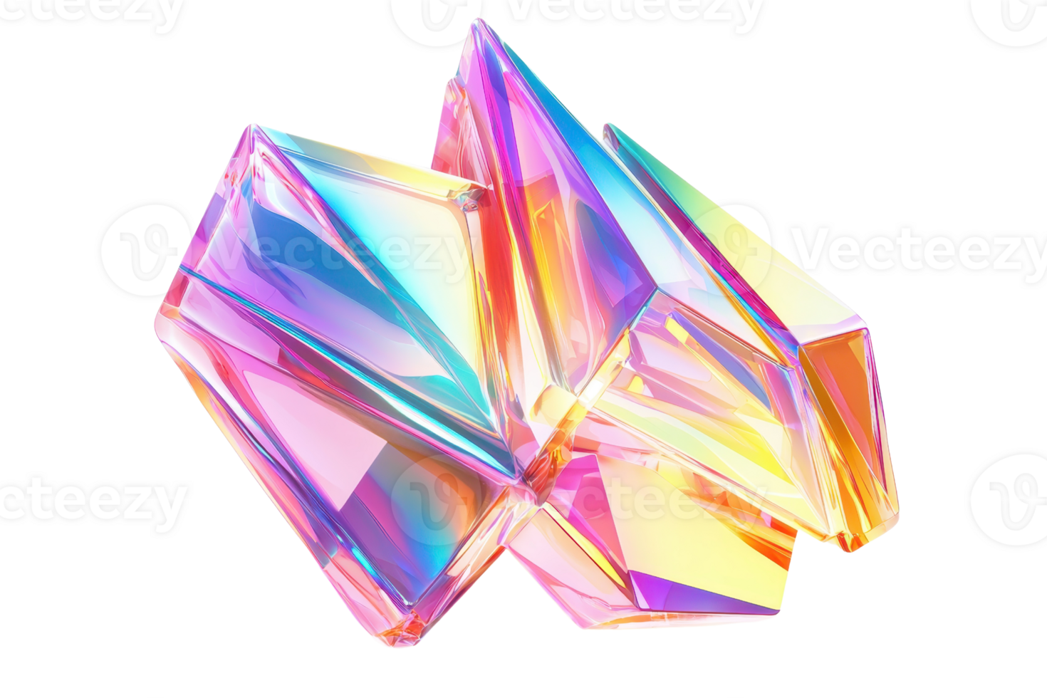Vibrant iridescent crystal formation with multicolored reflections, showcasing a stunning display of light and color. Ideal for backgrounds and designs. png