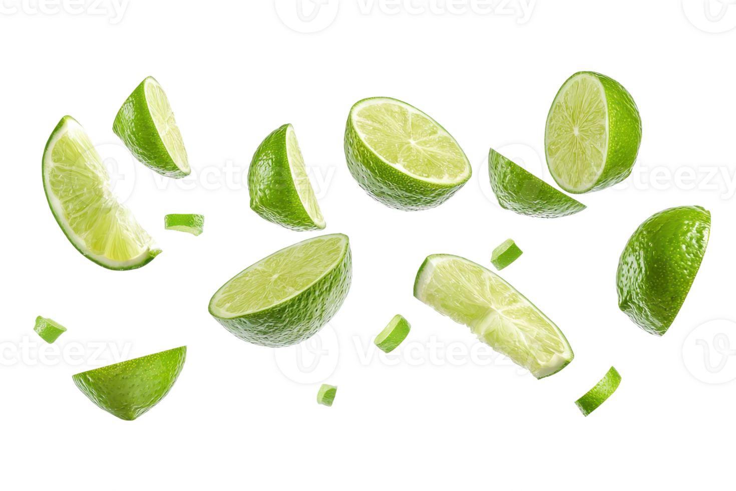 Fresh lime slices and wedges scattered on a transparent background. perfect for food and beverage themes in a vibrant, zesty stock photo. png