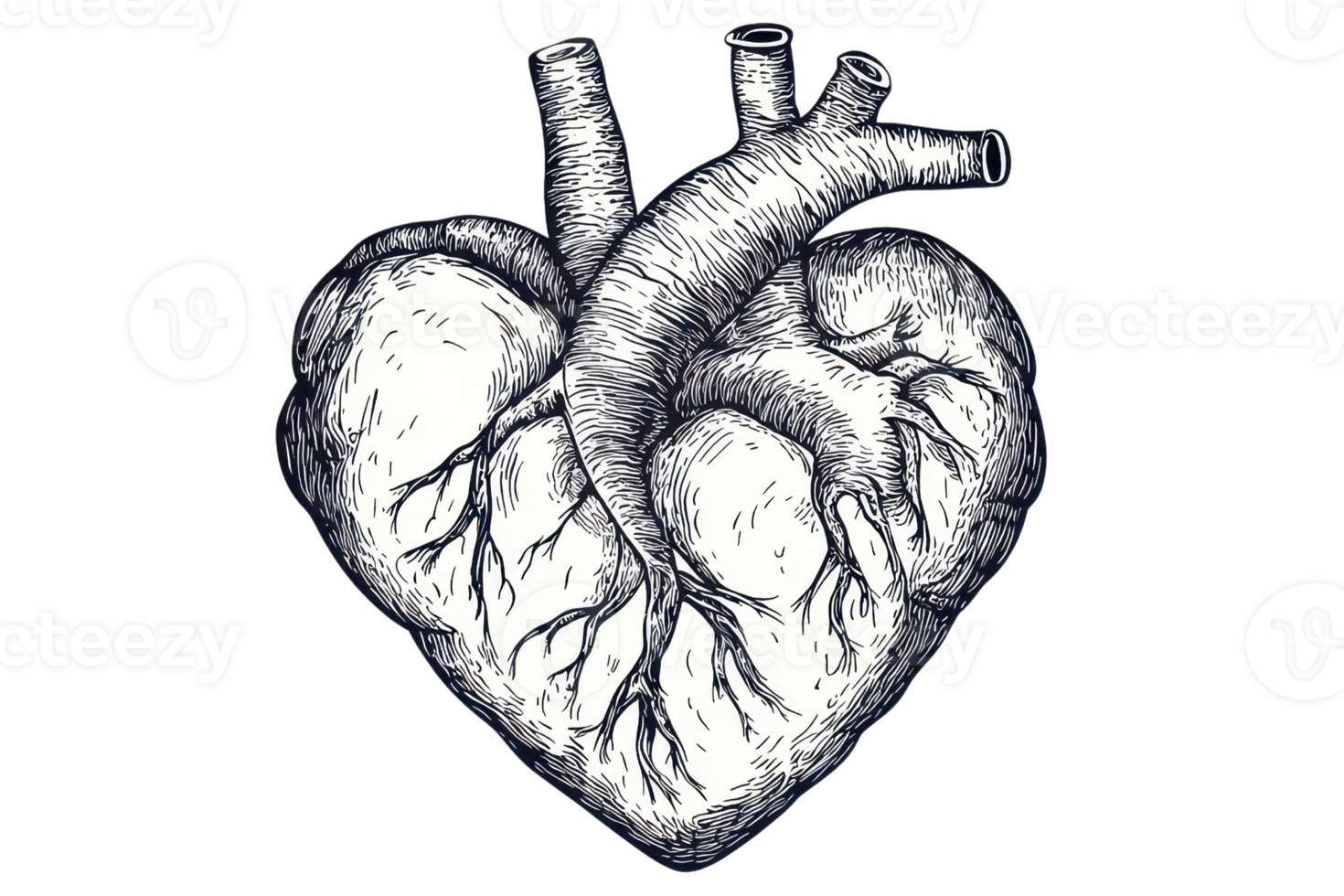 Detailed black and white anatomical heart illustration, showcasing intricate vein and artery details, a perfect educational or artistic resource. png