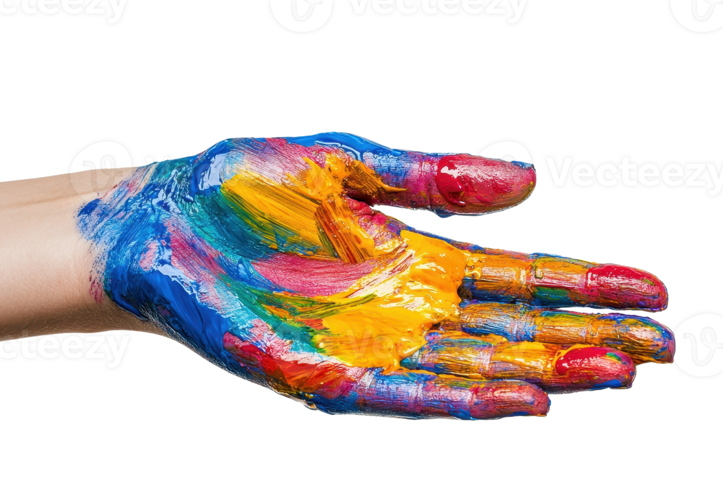 Hand covered in colorful paint, showcasing creativity, artistic expression, and vibrant hues against a clean background. png