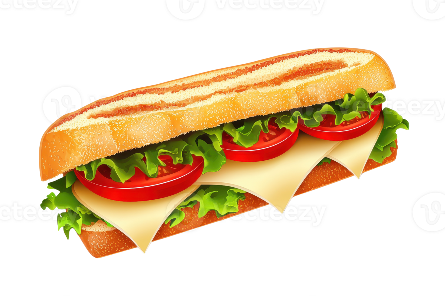 Delicious sub sandwich with fresh lettuce, juicy tomatoes, and cheese on crusty bread. Perfect for lunchtime or a snack. png