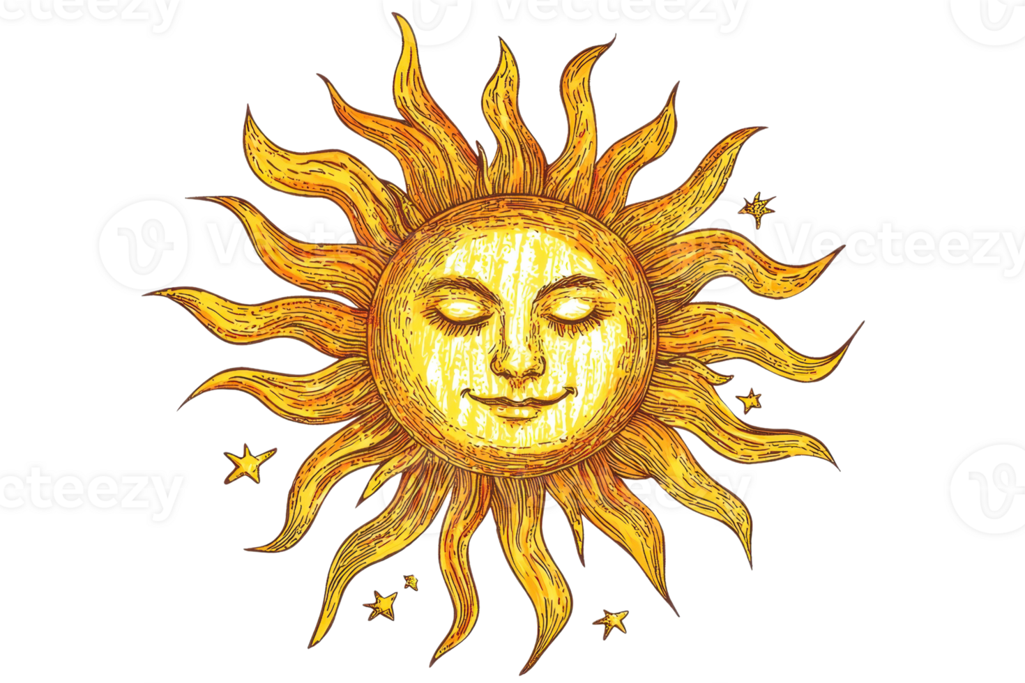 Hand-drawn illustration of a radiant sun with a smiling face, detailed sun rays, and small stars. Perfect for designs and backgrounds. png