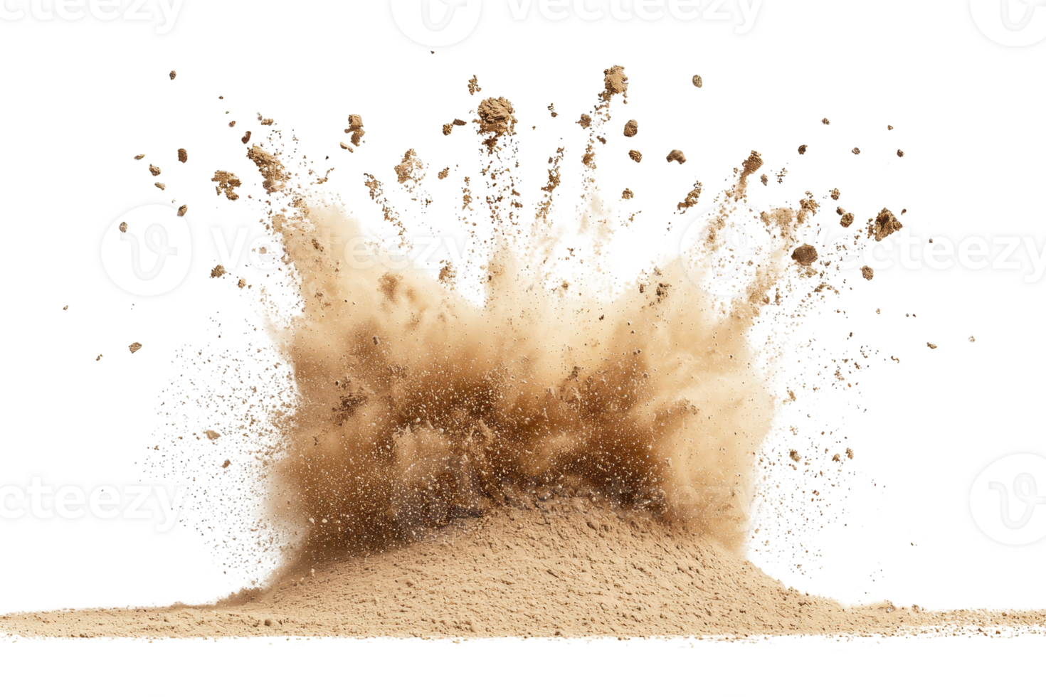 High-speed capture of brown sand explosion against a transparent background. showing dynamic movement and texture in fine detail. png