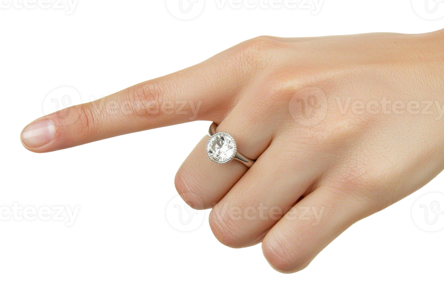 Close-up of a hand with an elegant engagement ring, pointing with the index finger against a transparent background. png