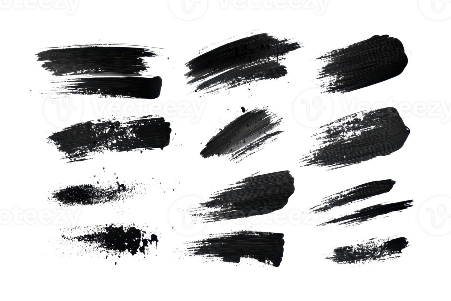 Set of twelve black brush stroke textures on a transparent background. Perfect for design elements, overlays, and graphic projects. png