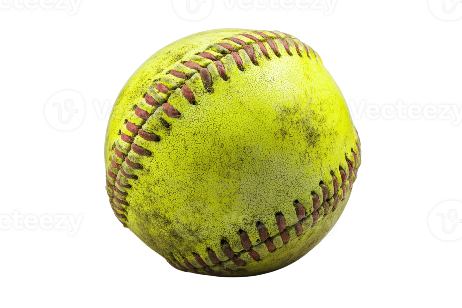 Close-up of a well-used, dirty yellow softball with red stitching. Ideal for sports, athletics, and softball-related content. png