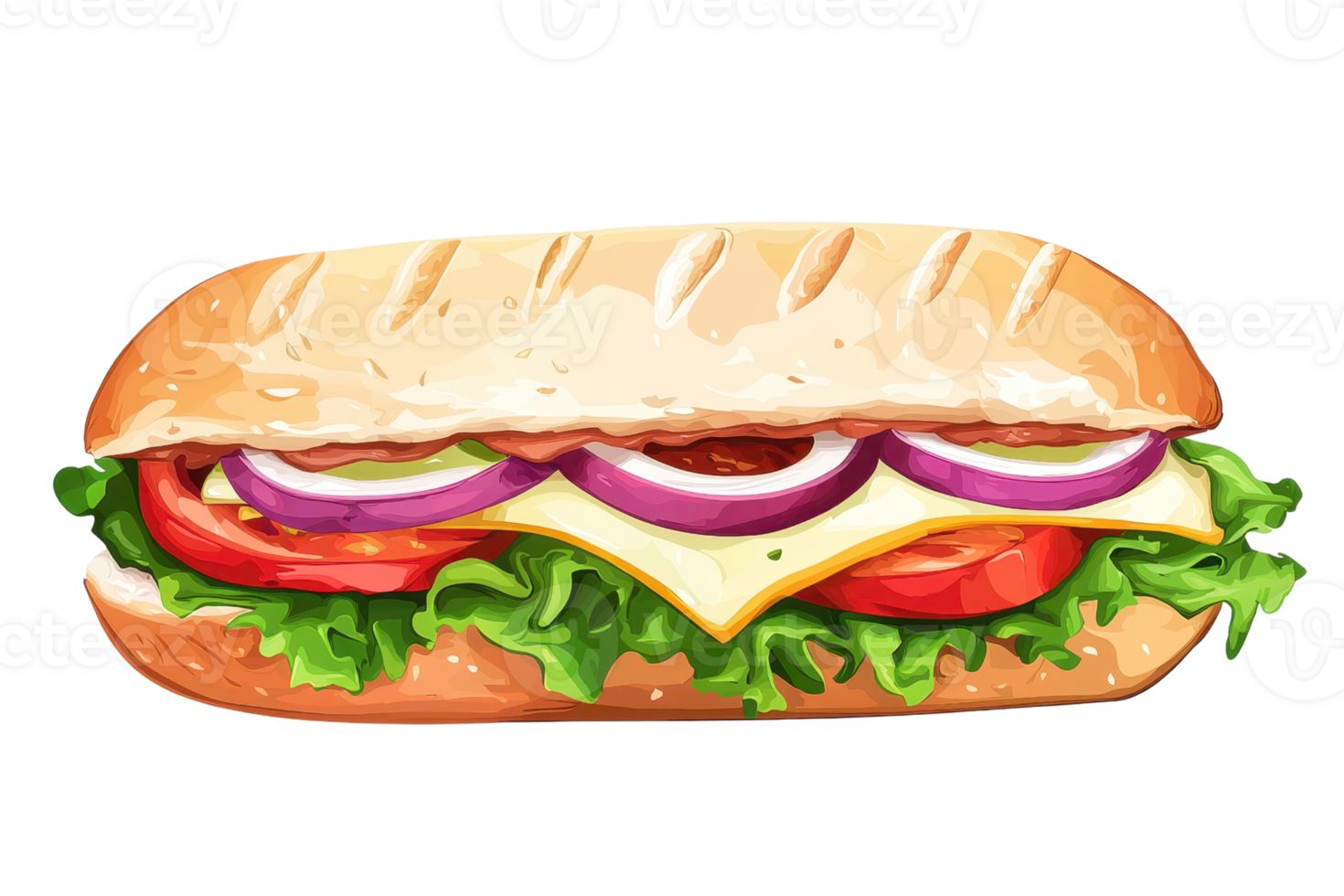 Delicious sub sandwich with fresh lettuce, tomato, cheese, and onion in a crispy baguette, perfect for lunch or a quick meal. png