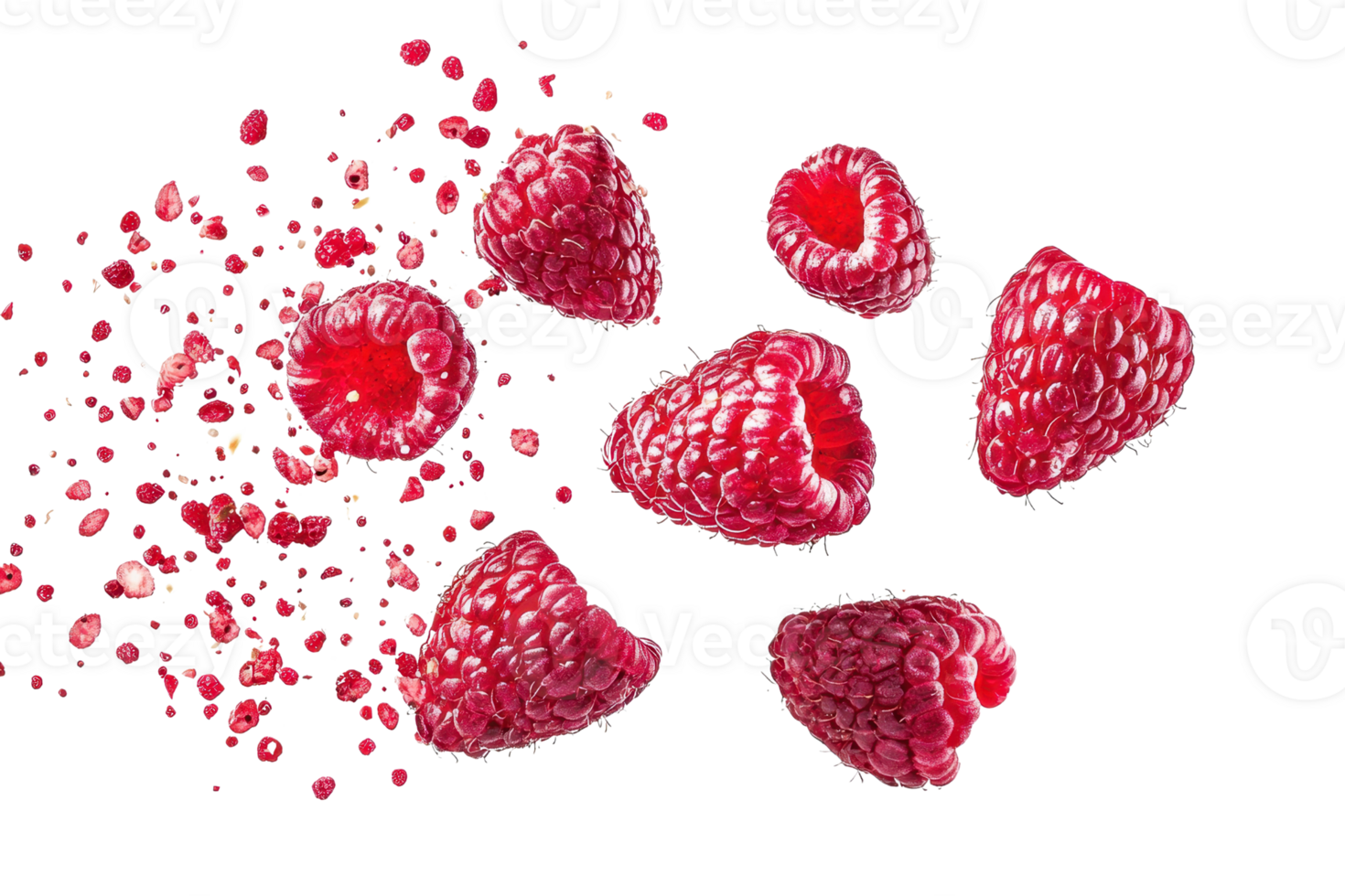 Fresh, vibrant raspberries and refreshing berry particles spread on a transparent background. perfect for food and health concepts. png