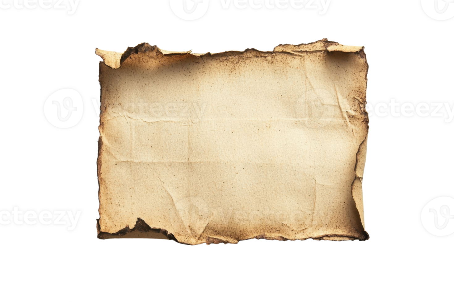 Aged and burnt edge parchment paper, isolated on transparent background. perfect for vintage designs and invitations. png