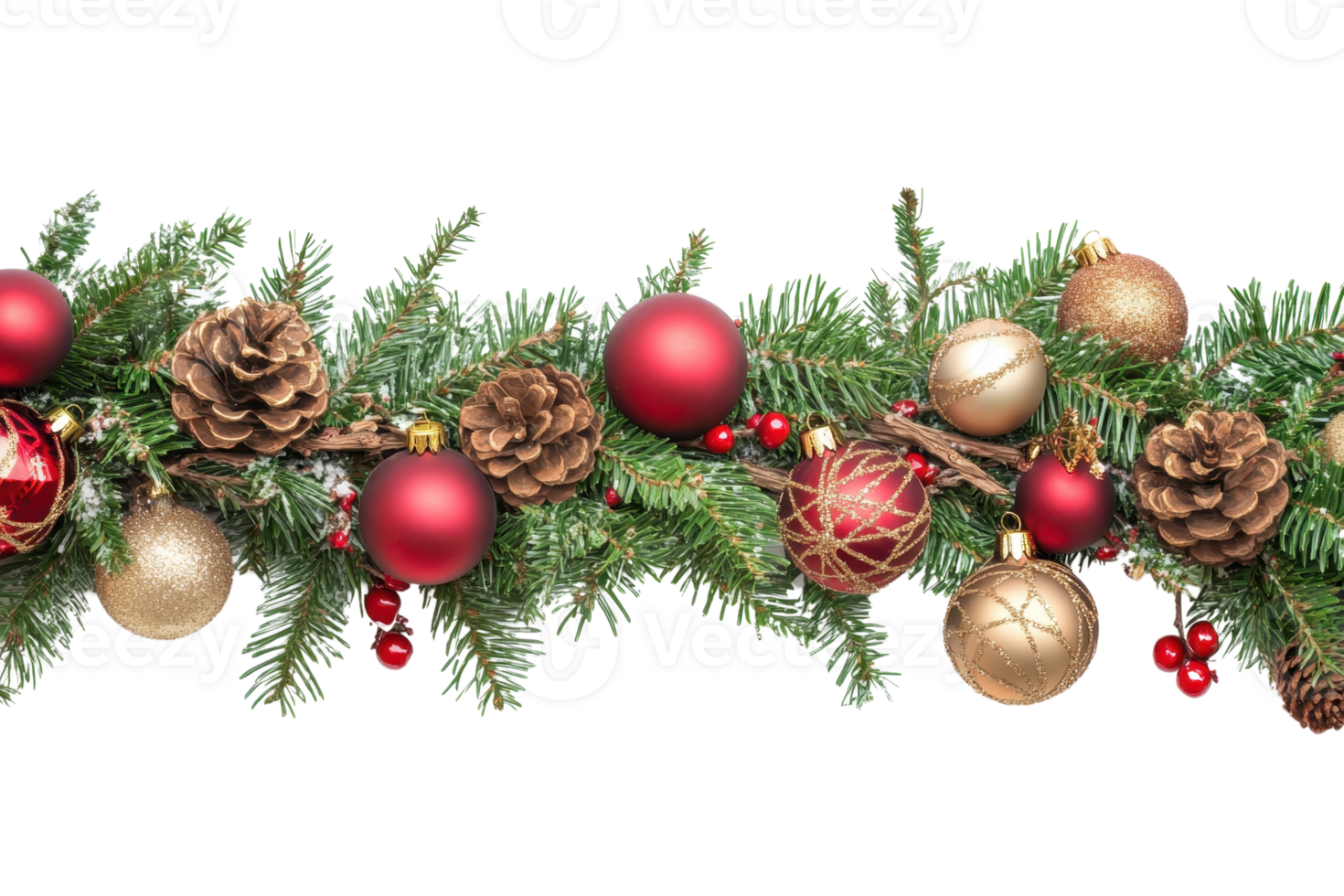 Festive Christmas garland with red and gold ornaments, pinecones, and green foliage, perfect for holiday decorations and seasonal decor. png