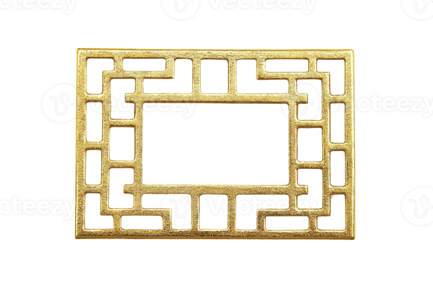Elegant rectangular brass frame with intricate geometric cutout design, perfect for home decor, art framing, or architectural embellishment. png