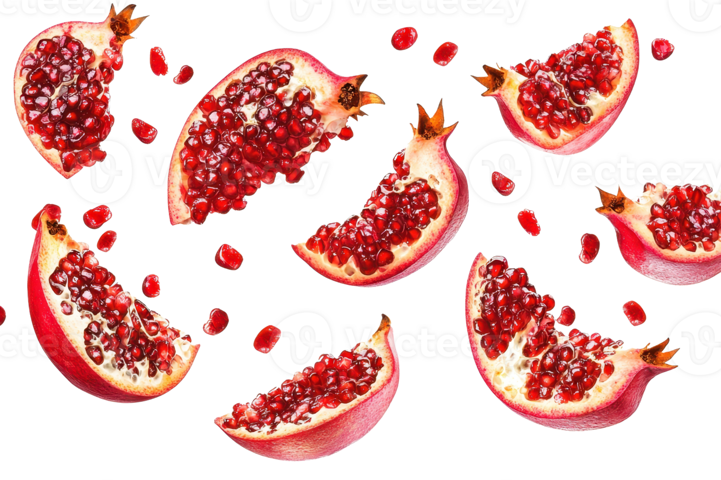 Sliced juicy pomegranates with scattered seeds on a transparent background. Fresh and healthy fruit rich in antioxidants and vitamins. png