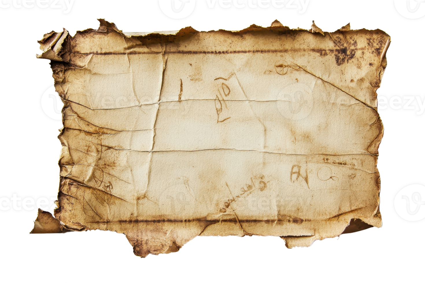 Old, weathered, torn parchment with visible folds and stains, giving it a vintage and ancient appearance. png