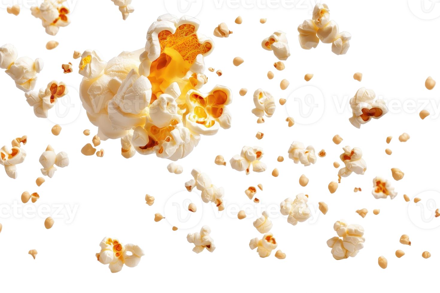 A dynamic image of popcorn kernels bursting open, capturing the essence of movie snacks and delicious treats in motion. png