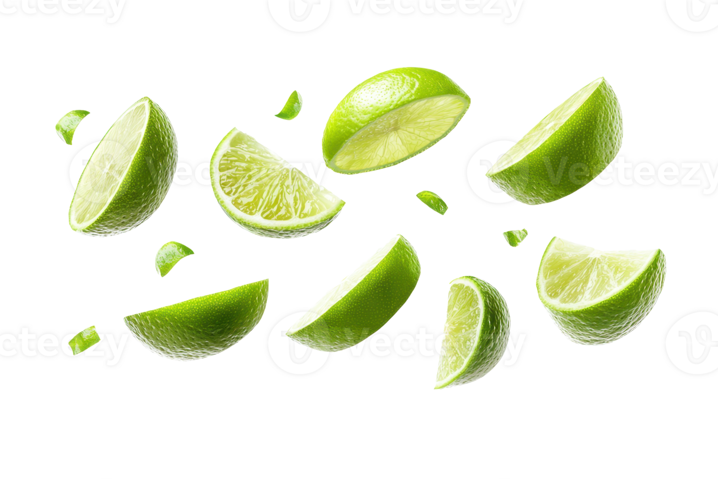 Fresh lime slices and pieces isolated on transparent background. Vibrant green citrus fruits perfect for cooking, cocktails, and garnishes. png
