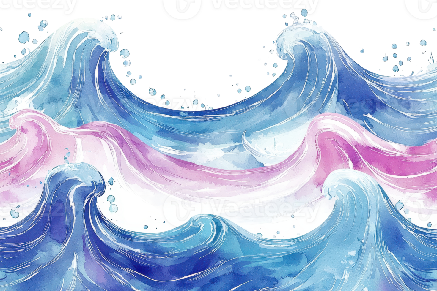 Vibrant watercolor ocean waves in shades of blue and pink, dynamically splashing with artistic flair and serene elegance. png