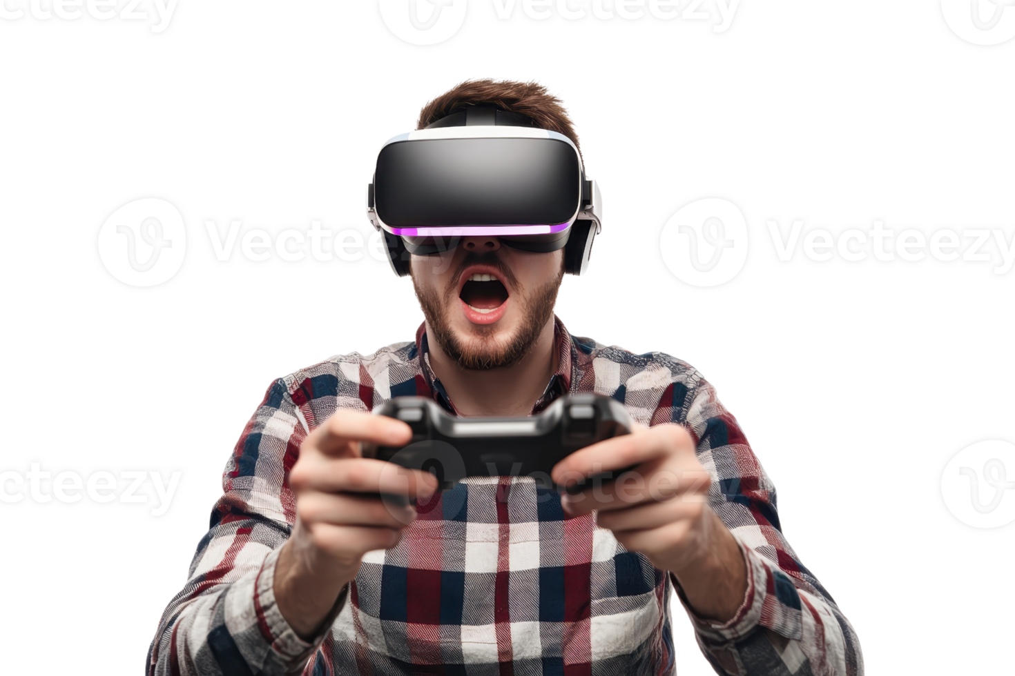 Man enjoying virtual reality game with VR headset and controller, expressing excitement and engagement. Isolated on a transparent background. png