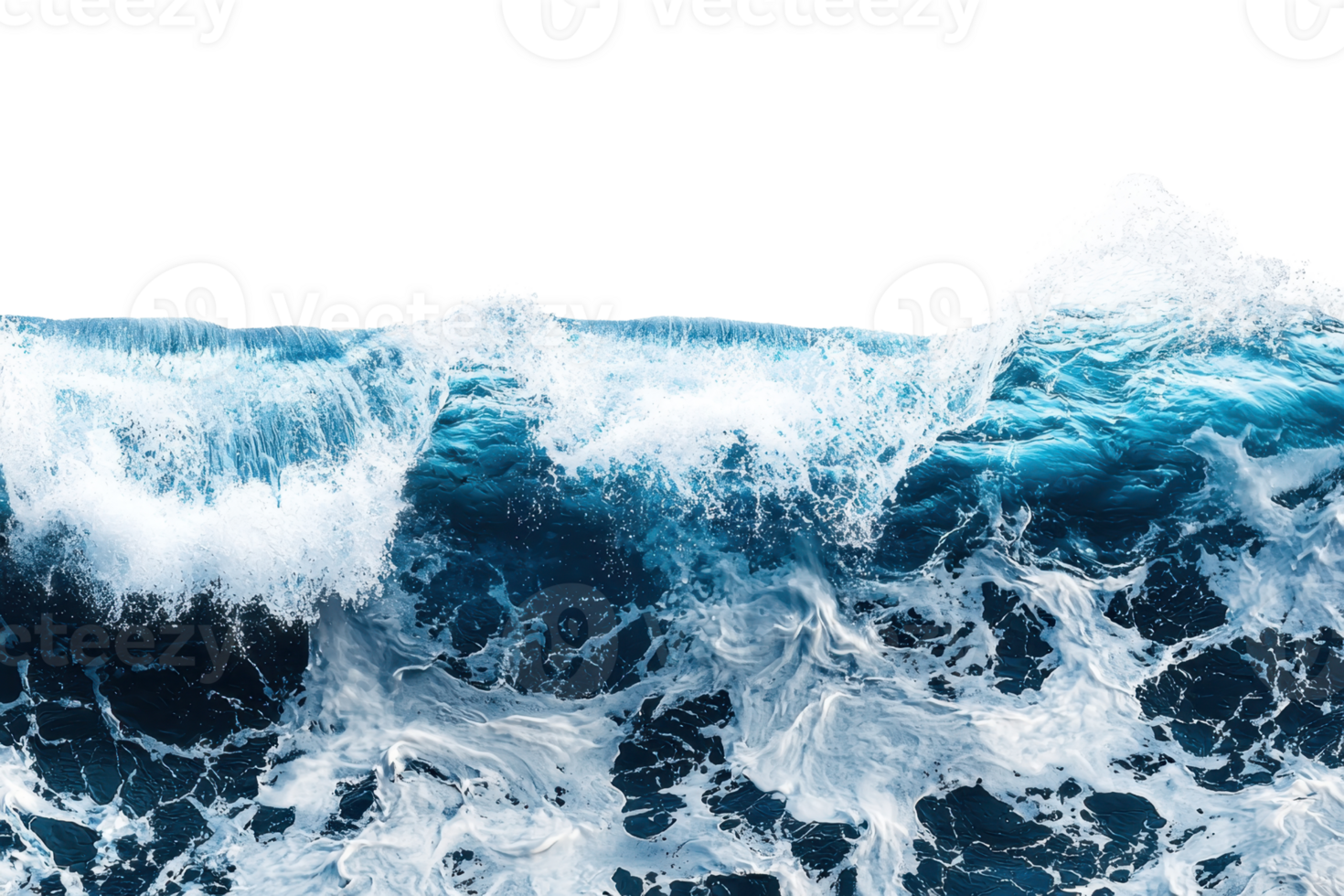 Vibrant ocean waves crashing, capturing the dynamic power of the sea with foamy splashes and deep blue water. png