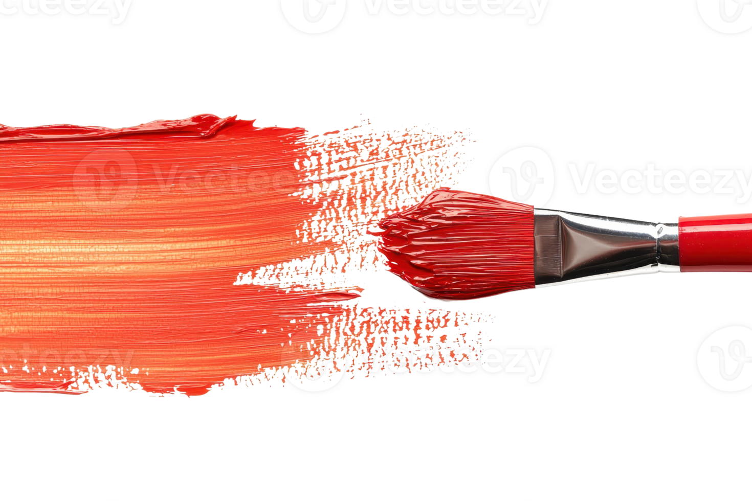 Close-up of a red paintbrush making a broad stroke with vibrant red-orange paint, showcasing artistic creativity and color blending. png