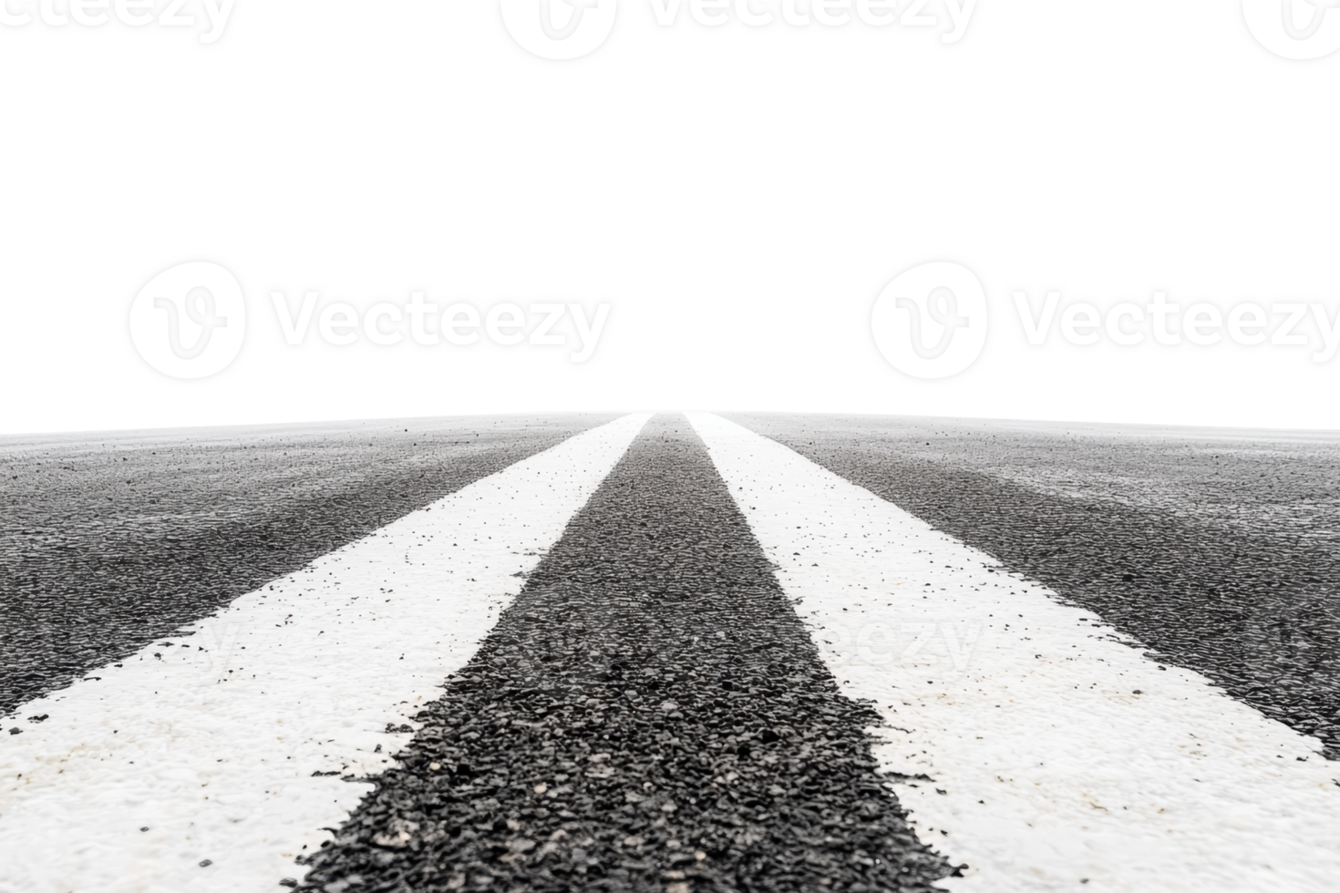 Close-up view of an empty asphalt road with white marking lines, depicting an endless perspective under clear sky. png