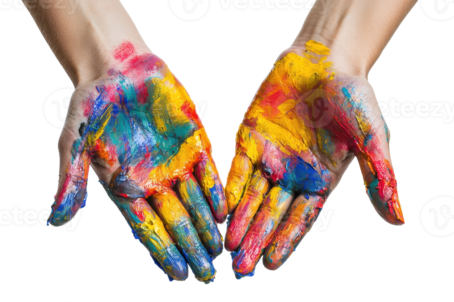 Close-up of hands covered in colorful paint, expressing creativity and artistic expression. Perfect for art, creativity, and education themes. png