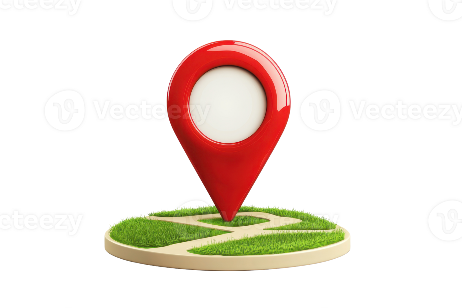 3D red location marker on a circular grassy patch with a path, symbolizing navigation, travel, and destination. png