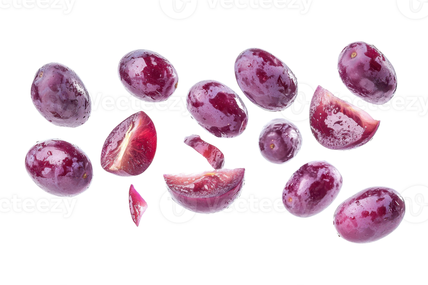 Fresh ripe red grapes scattered and sliced against a transparent background. showcasing their juicy and vibrant appeal. png