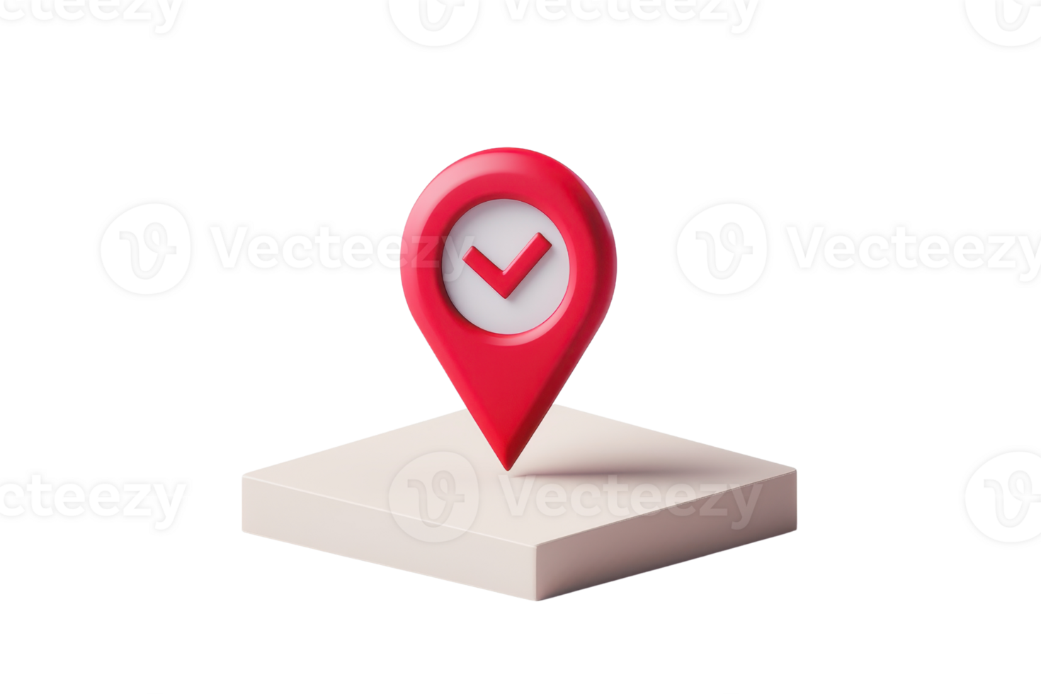 3D render of a red location pin with a check mark on a white platform, symbolizing confirmation, navigation, and destination. png