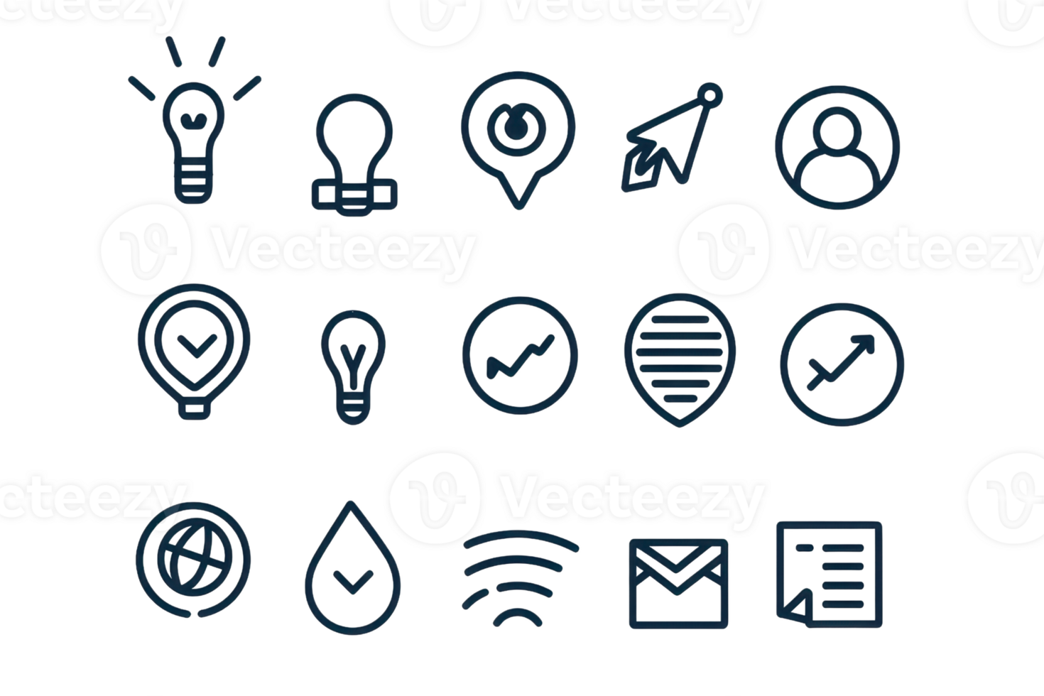 Set of creative outline icons illustrating ideas, communication, thinking, and feedback for business and technology usage. png