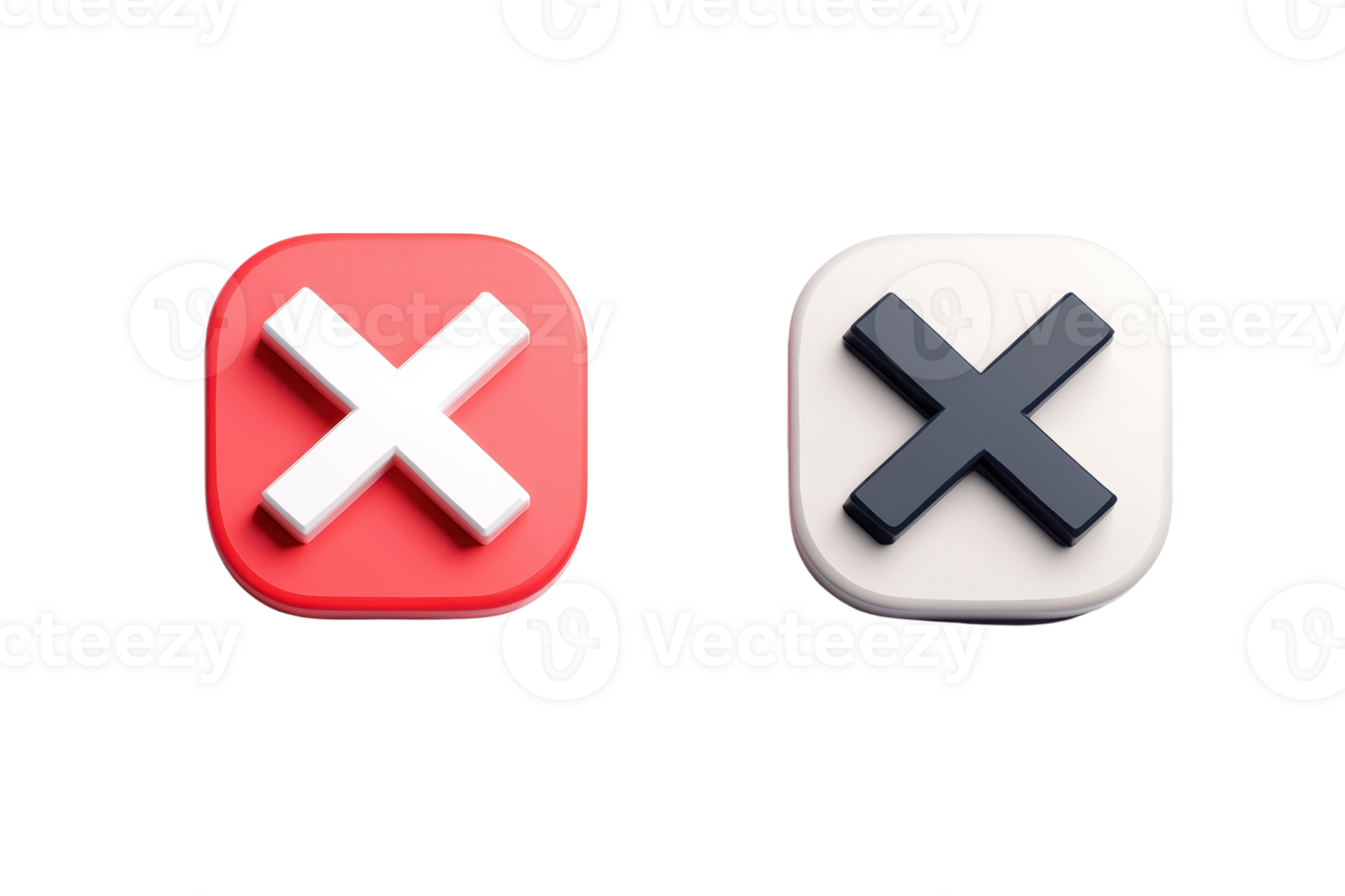 Close icons with cross symbol in 3D style, isolated on a transparent background. One is on a red square, and the other is on a white square. png