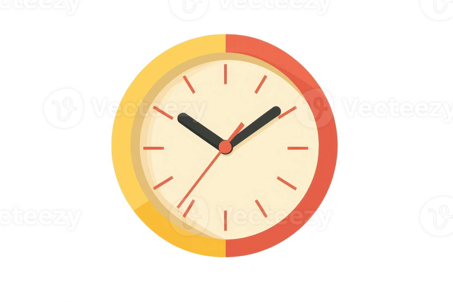illustration of a simple clock with yellow and orange sections, showing time with hour, minute, and second hands. png