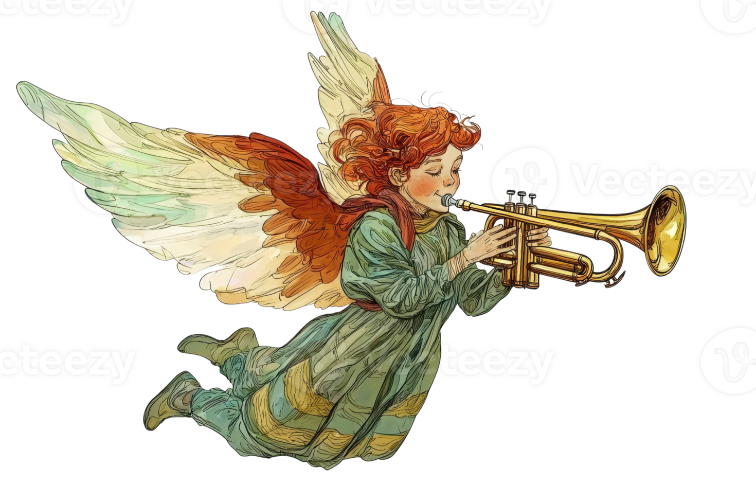 Illustration of an angel playing a trumpet in mid-air, with flowing red hair and colorful wings, evoking a sense of peace and serenity. png