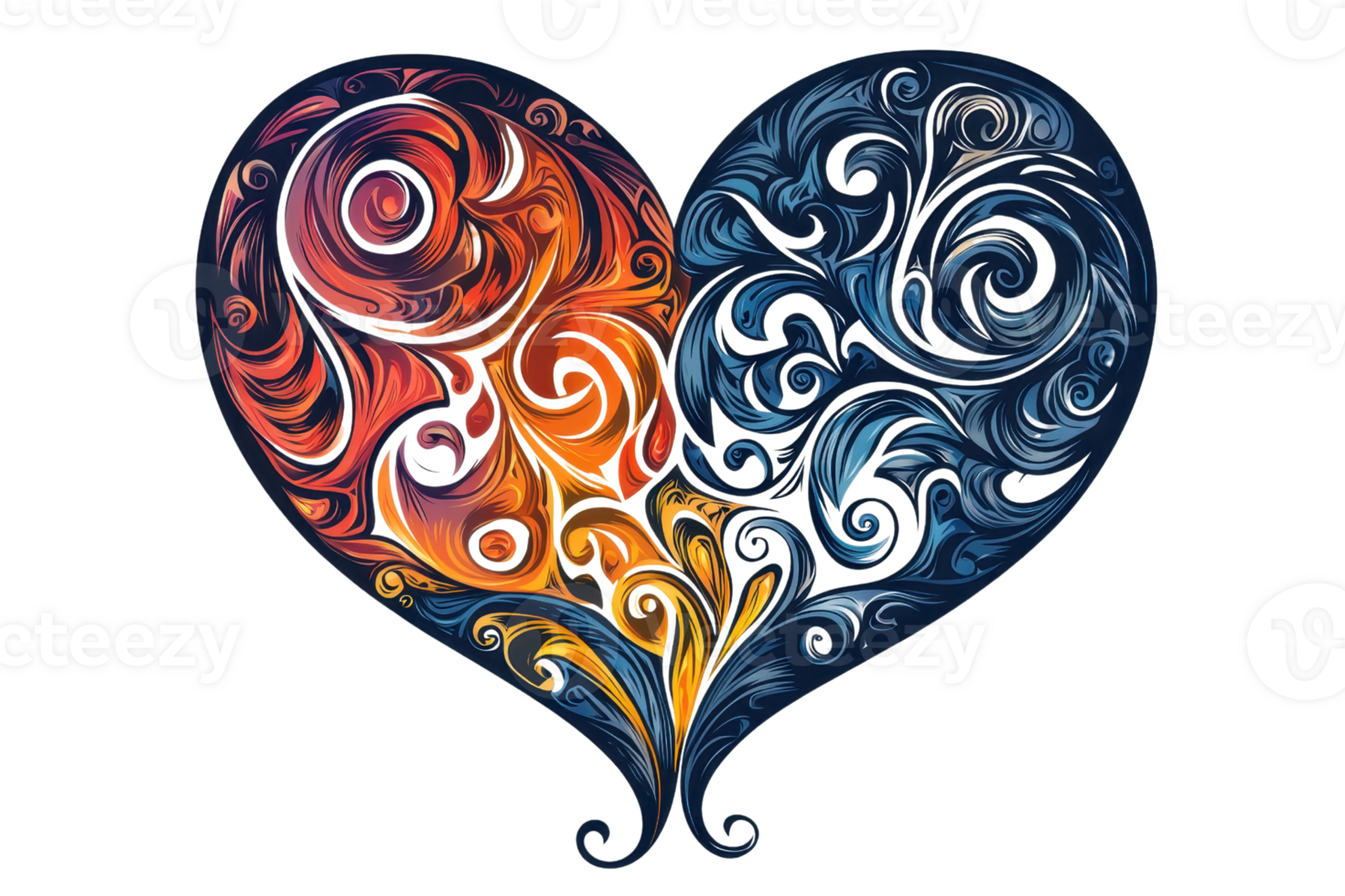 Intricate heart illustration featuring vibrant swirls of warm and cool colors, perfect for decorative, romantic, or artistic themes. png