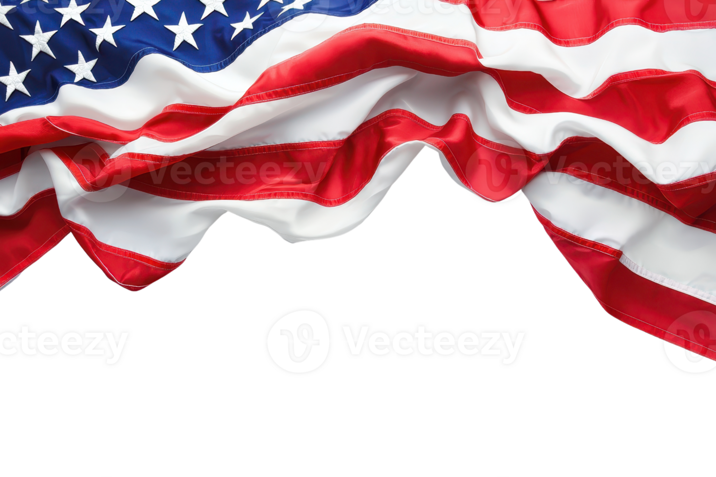 Close-up of a waving American flag with vibrant red, white, and blue colors, representing patriotism and national pride in the United States. png