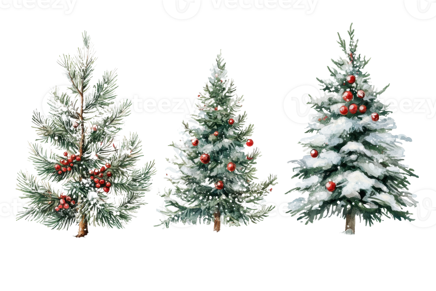 Set of three beautifully decorated Christmas trees with snow and ornaments, perfect for holiday themes and festive designs. png