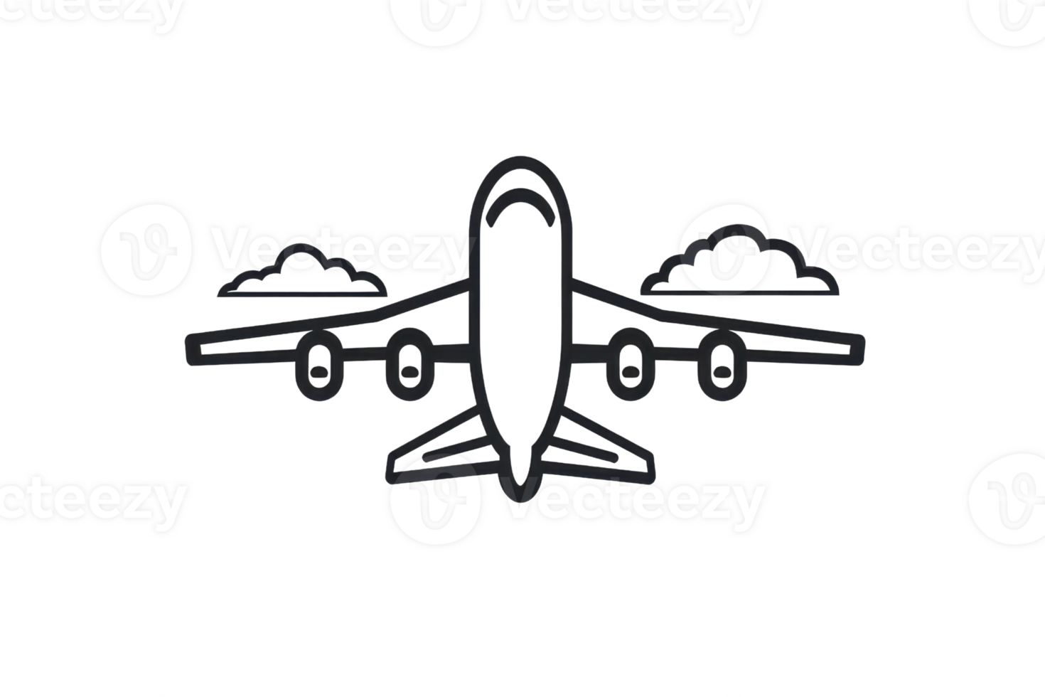 Black and white line art illustration of an airplane in flight with clouds, minimalistic design. png