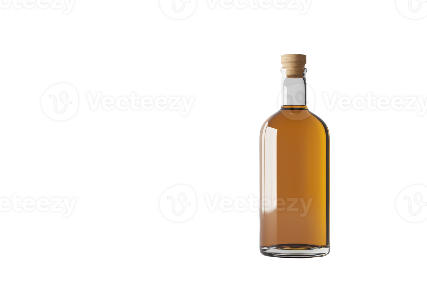 Glass bottle with amber liquid and cork against transparent background. Ideal for drinks, beverages, and bar-related uses. png