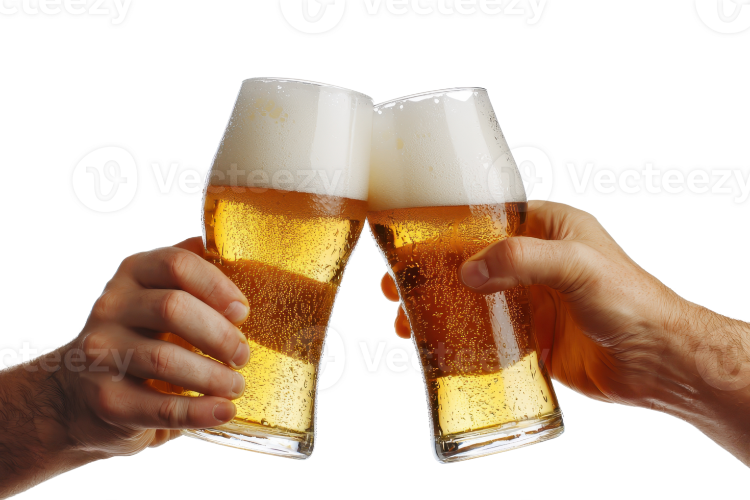 Two hands holding beer glasses, clinking together in a celebratory toast with frothy golden beer on a transparent background. png