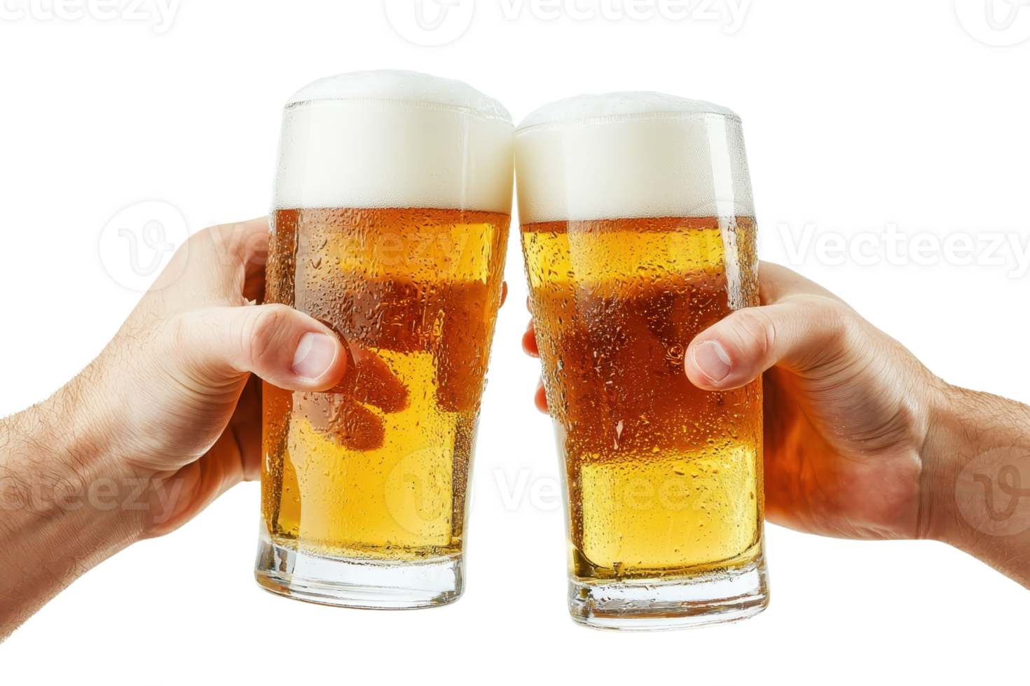 Two hands toasting with tall glasses of beer, isolated on transparent background. perfect for celebrating special moments or social gatherings. png