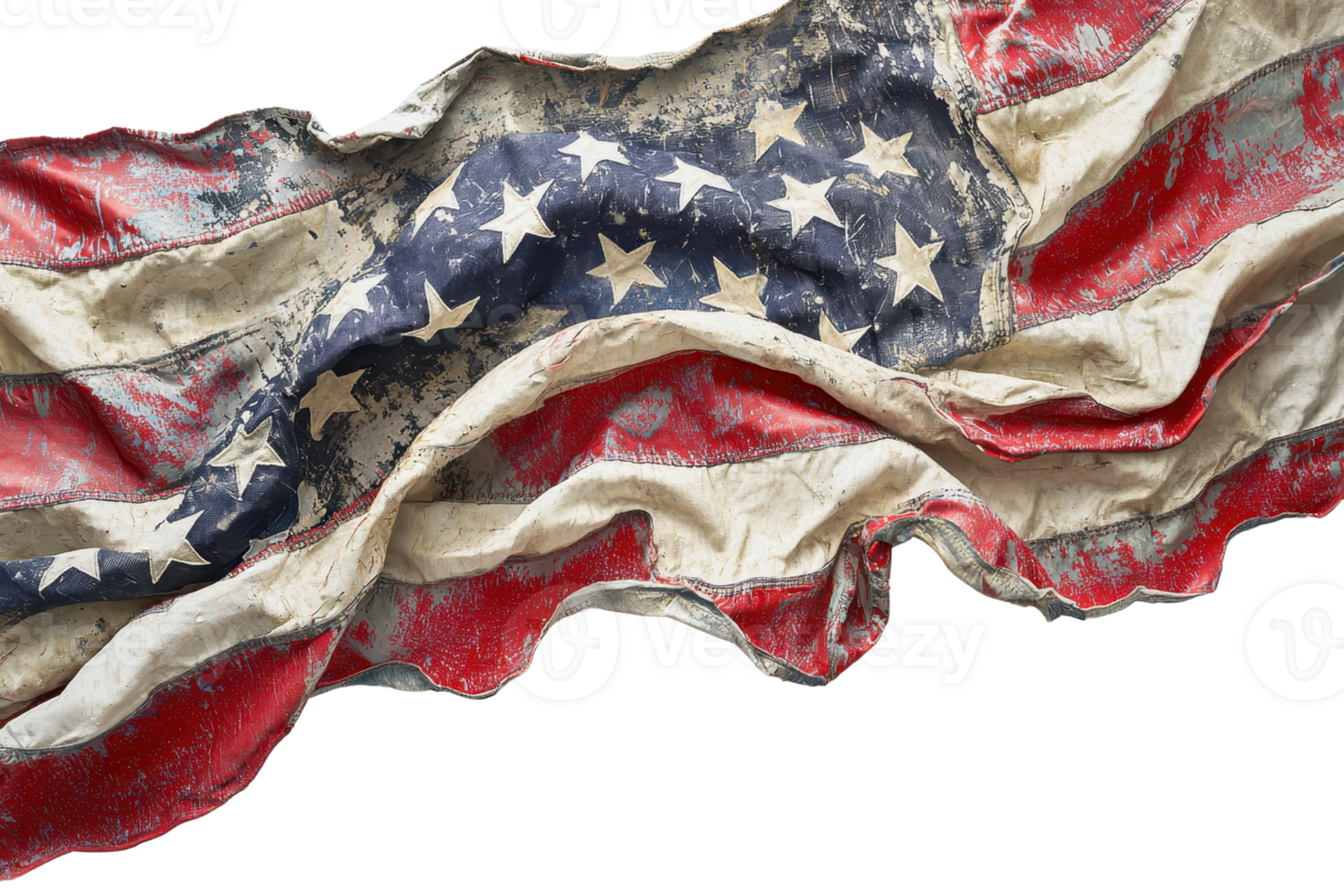 Close-up of a weathered and distressed American flag symbolizing patriotism, history, and resilience. High-quality stock photo. png