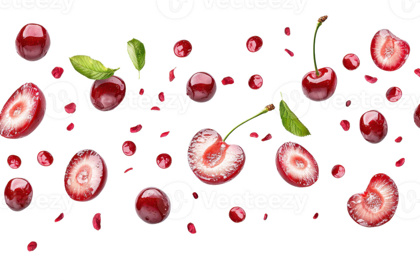 Fresh cherries and cherry slices with leaves, isolated on a transparent background. Perfect for food blogs, magazines, and design projects. png