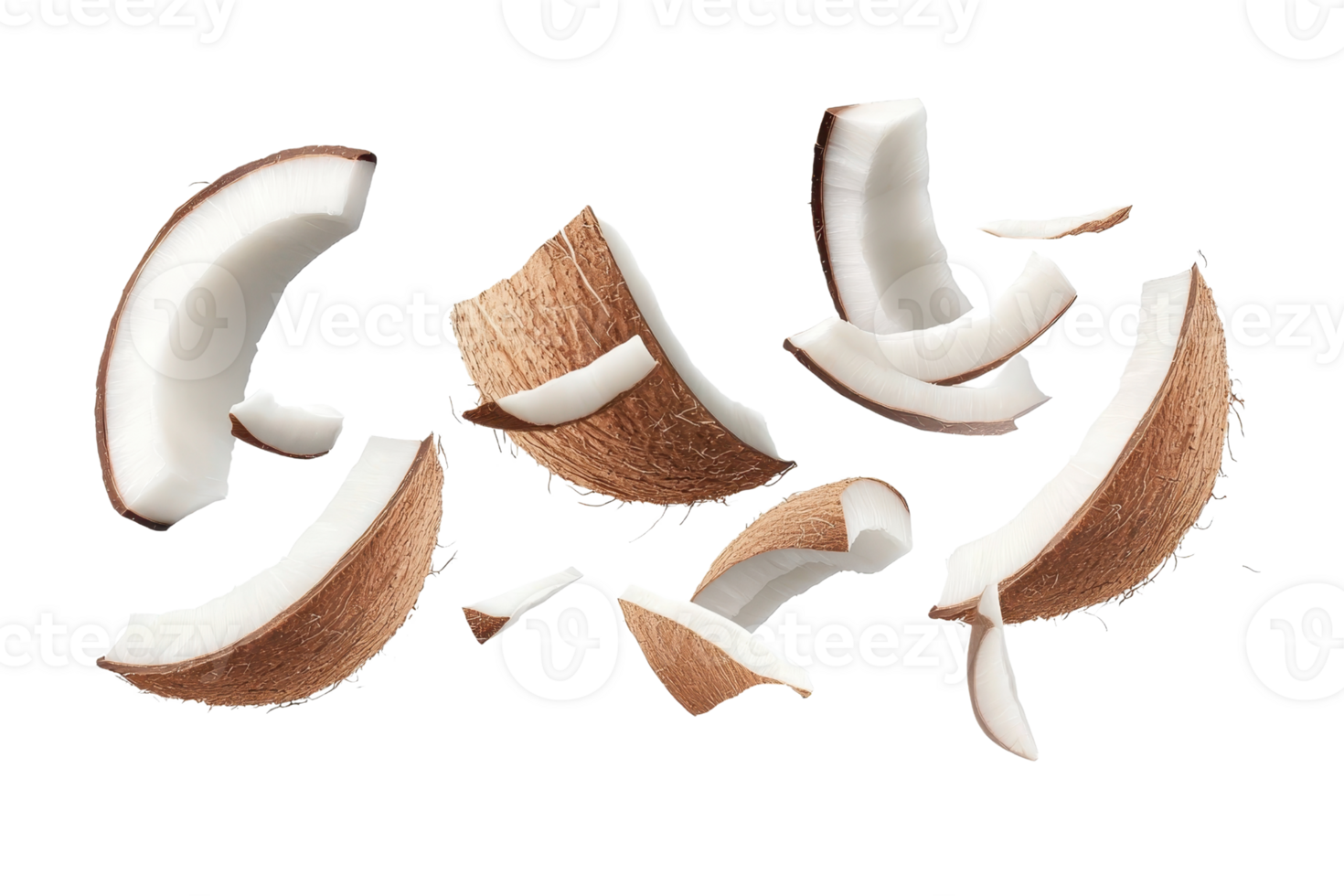 Fresh coconut slices isolated on transparent background. showcasing tropical fruit with detailed texture and vibrant colors. png