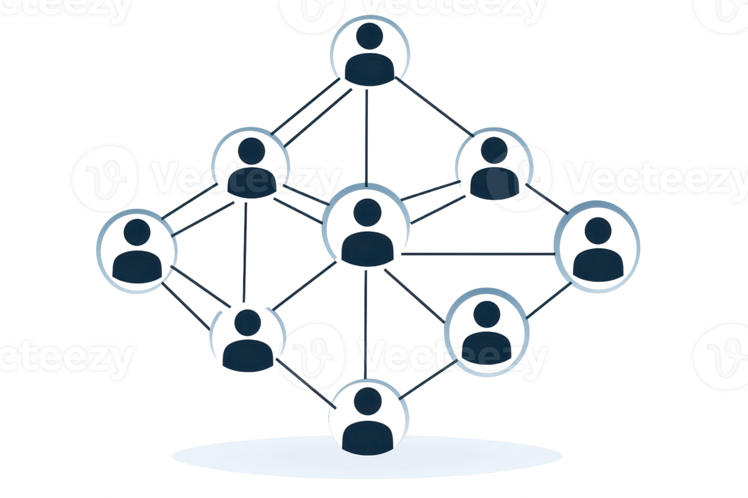 Illustration of interconnected people symbolizing social network, teamwork, communication, and collaboration in a digital structure. png