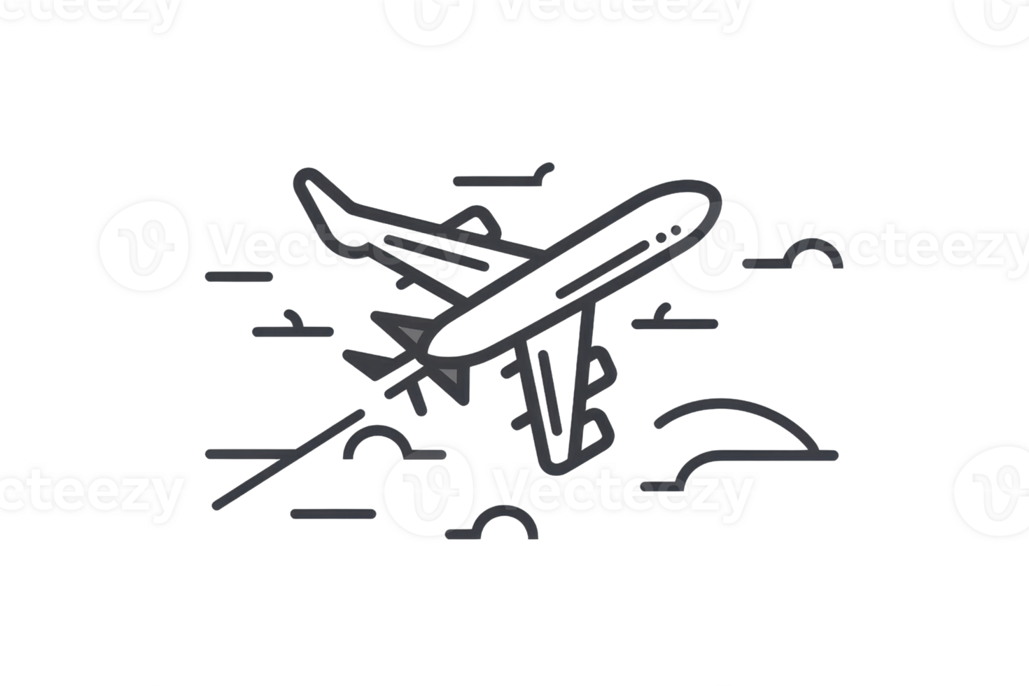 illustration of an airplane in flight, clouds in the background, representing travel, aviation, and journey. Monochrome line art. png