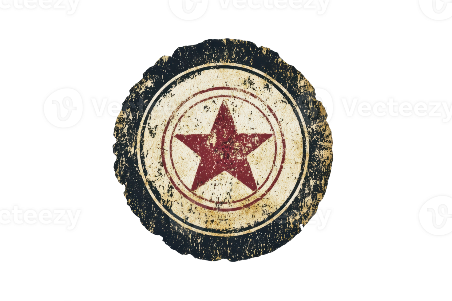 Vintage distressed round star emblem with a red star in the center, weathered and rustic, ideal for retro designs and projects. png