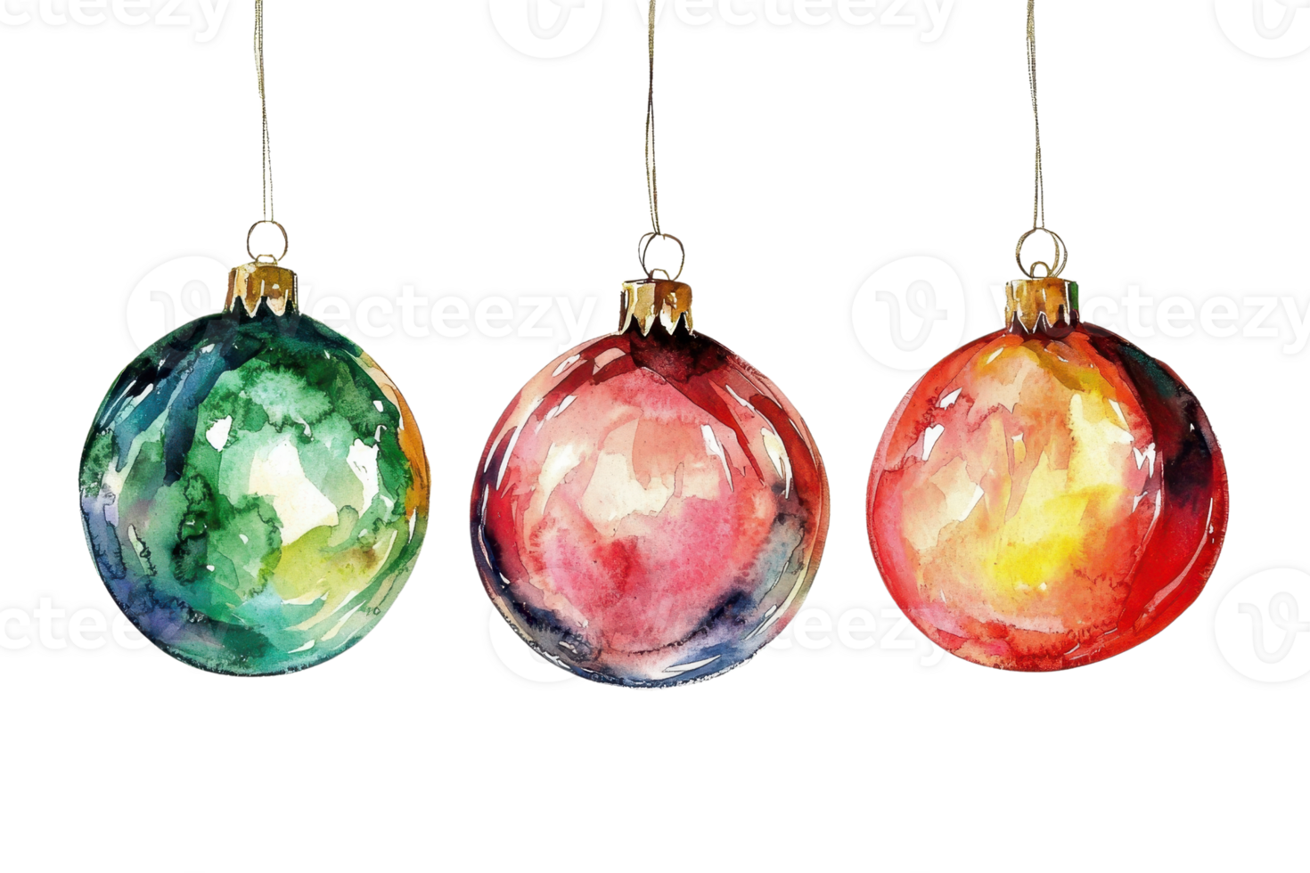 Watercolor Christmas ornaments in green, red, with artistic texture and hooks, perfect for holiday decoration themes. png