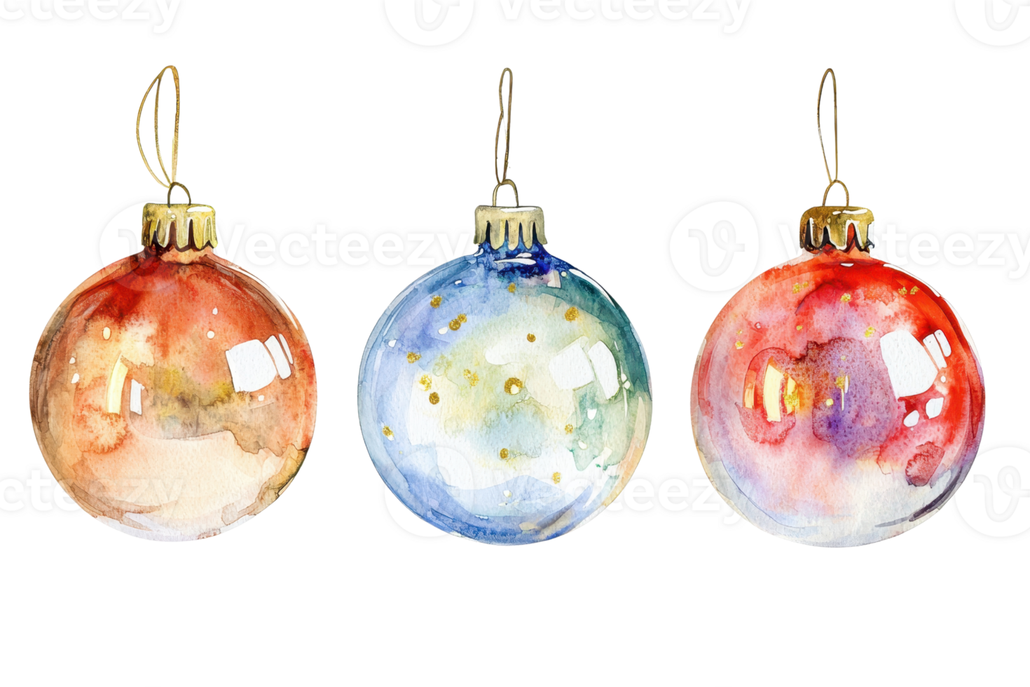 Watercolor Christmas ornaments in vibrant colors, perfect for holiday decorations and festive designs. Isolated on a transparent background. png