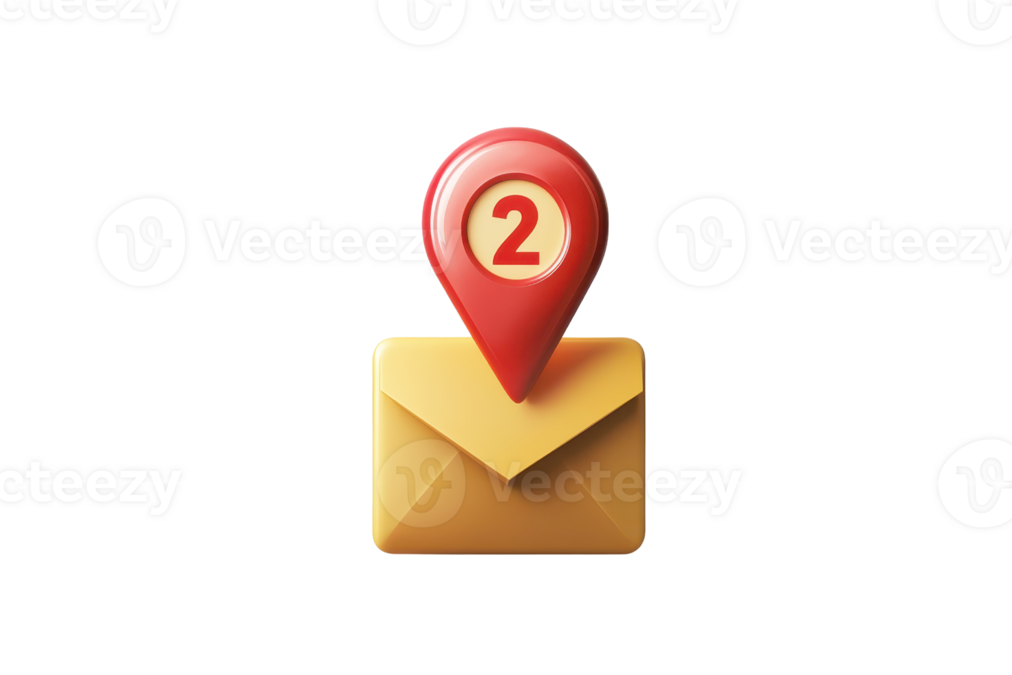 Email notification symbol with a red location pin and the number two on an envelope, representing new messages or alerts. png