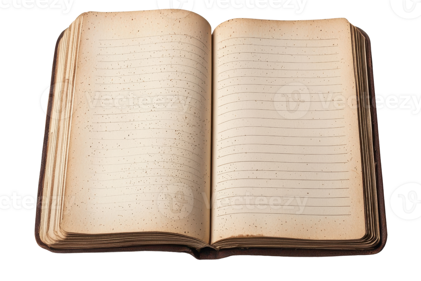 Vintage open book with blank lined pages, perfect for journaling, writing, or note-taking. High-resolution image with a rustic, nostalgic feel. png
