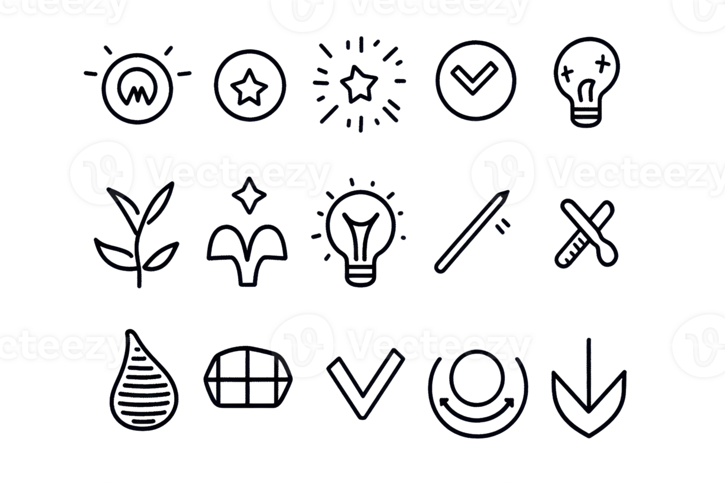 Set of minimalistic line icons representing various concepts like sustainability, idea, growth, success, and technology, against a transparent background. png